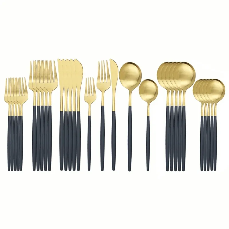 30Pcs Matte Black Gold Tableware Set 304 Stainless Steel Dinnerware Set Kitchen Flatware Set Western Knife Fork Spoon Cutlery 201128