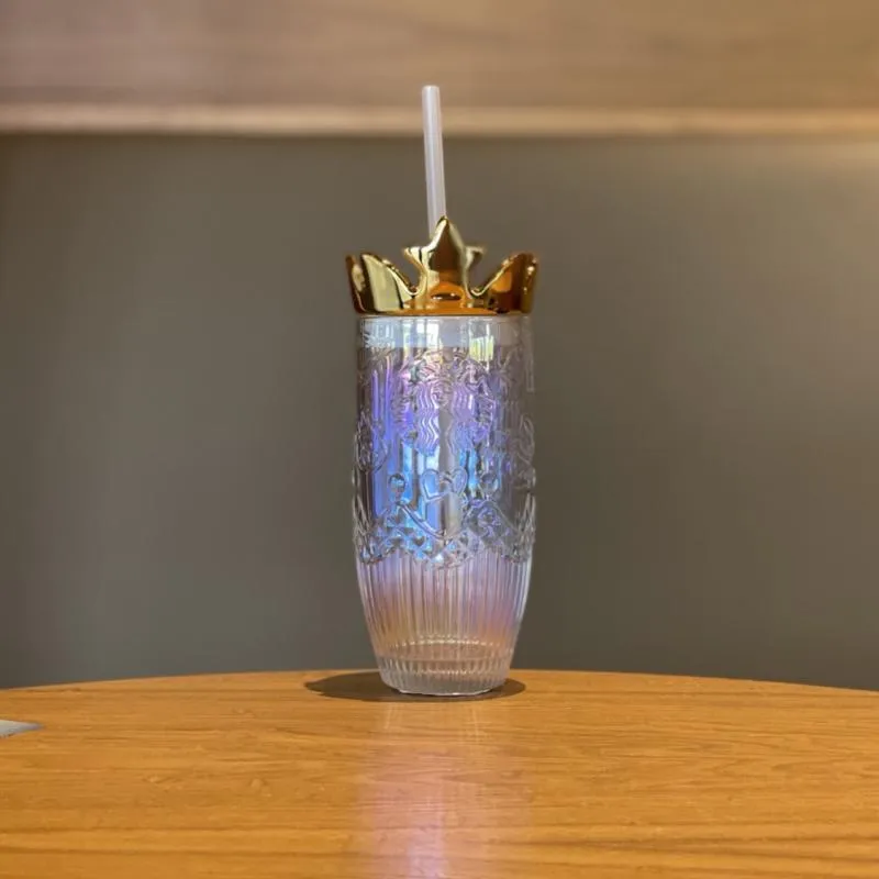 Hot New  Valentine`s Day dazzle colour Crown glass straw cup 430ML Relief Mermaid logo Coffee mug 18oz Ice cup