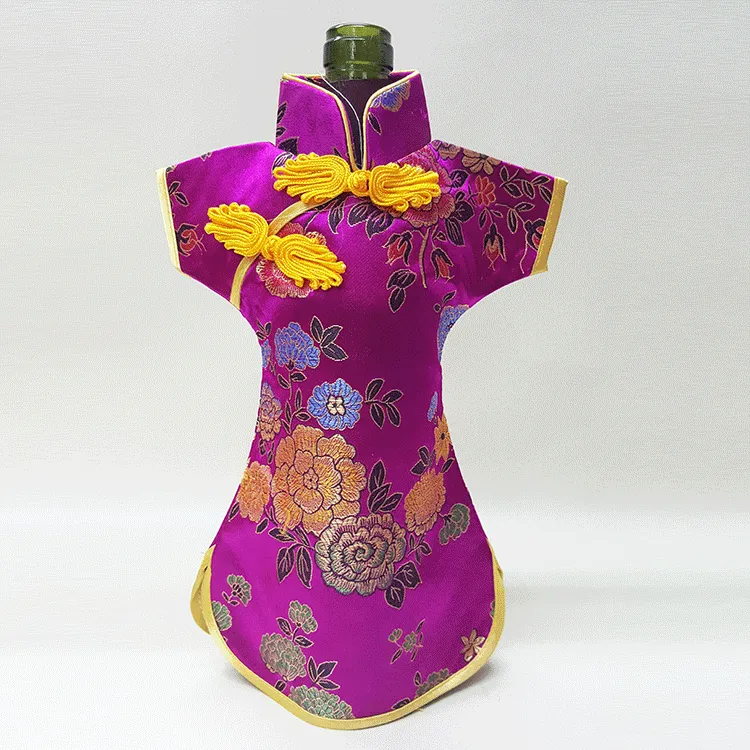 Vintage kinesisk silke satin väska för vinflaska kläder etnisk hantverk påse skyddskåpa bröllop bord dekoration flaska förpackning väska passar 750ml