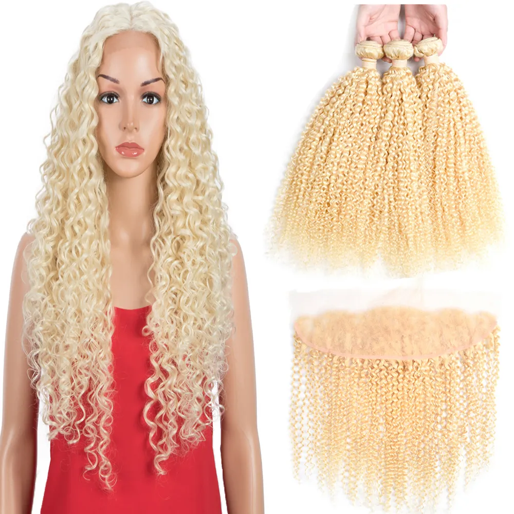 Brasileiro Kinky Curly 3 Bundle cabelo com laço frontal 13 * 4 orelha a orelha 100% virgem extensão de cabelo humano curly 10-32 polegadas em estoque