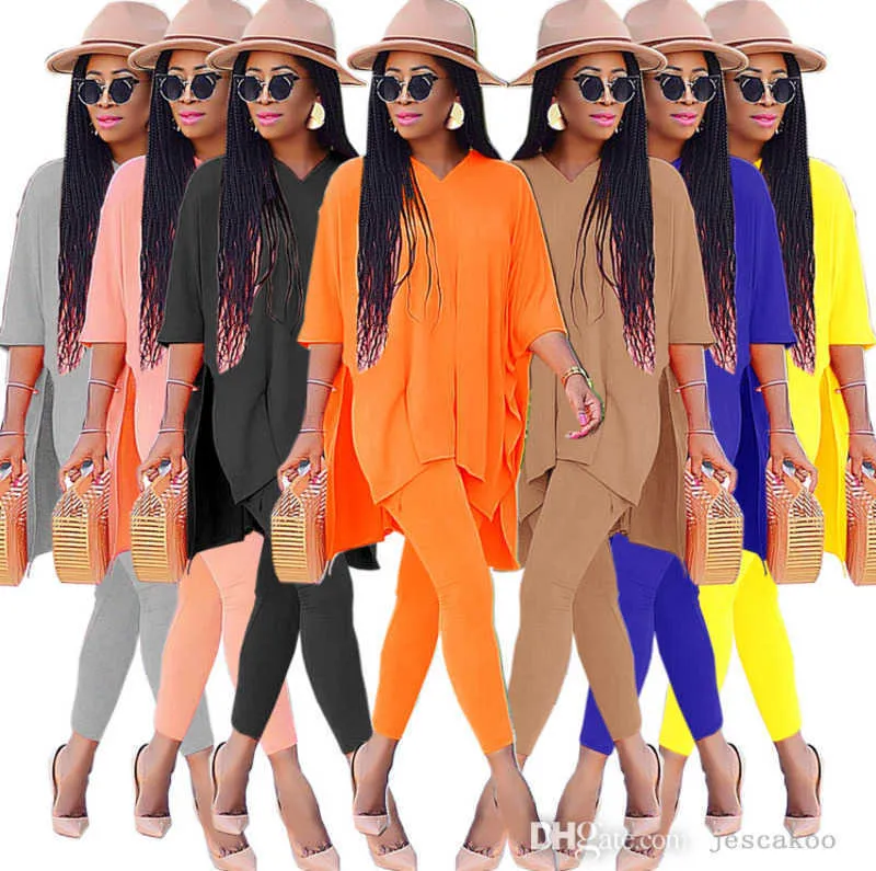 Designer 2022 Jesień Kobiety Dresy Moda 3/4 Rękaw Podziel Top Legginsy Stroje Solidne Kolor V Neck Loose T Shirt Spodnie 2 sztuki Zestaw 715