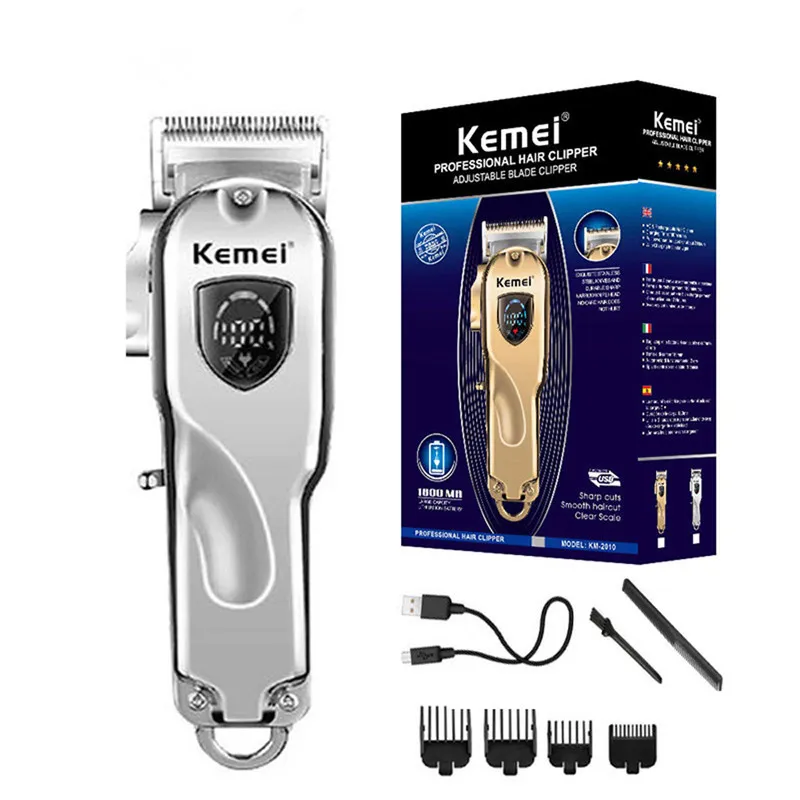 HotSale Kemei KM-2010 Professionellt Hår Trimmer Trådlös Hårskärare Barber Hårklippare 4 Häftblad Justering LCD-skärmskäggs trimmer