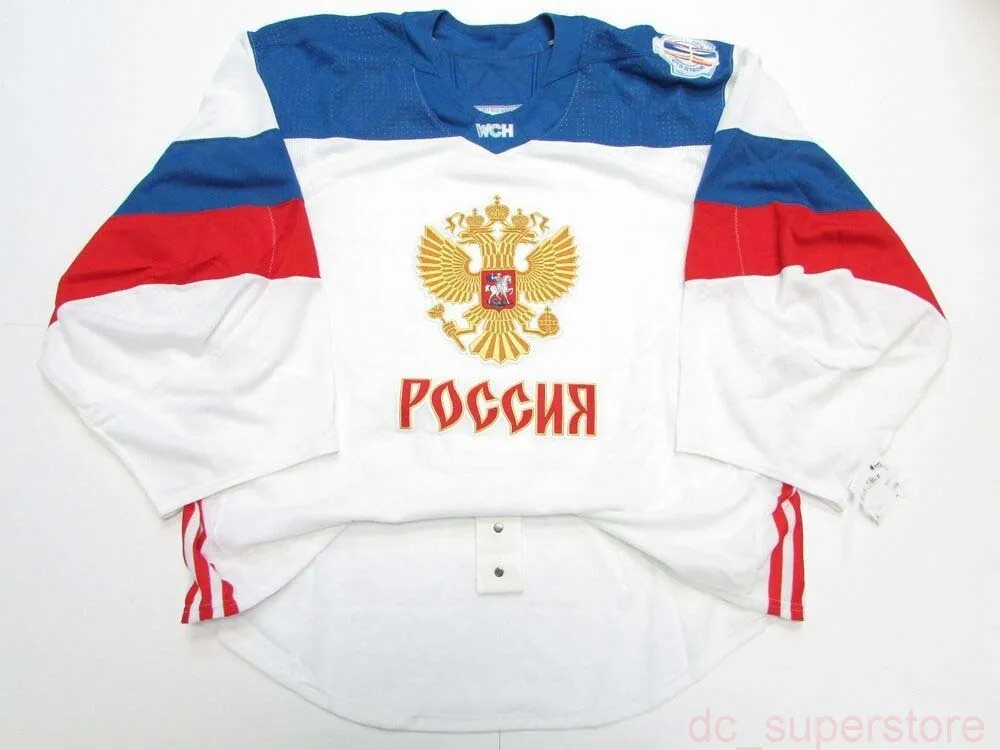 Billiga Custom Ryssland White World Cup of Hockey Jersey Goalie Cut Stitch Lägg till något namnnummer