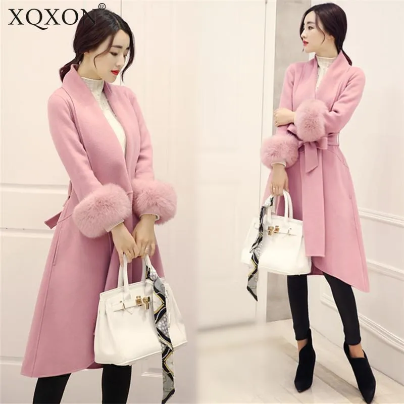 Rosa Woolen Coats Kvinnor Faux Fur Warm 2020 Vinter Ny Kvinna Slim Lång Desgin Coat Stor 4XL Kvinna Woolen Coats med Bälte