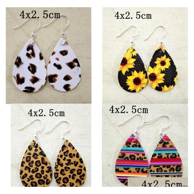 new women`s faux leather floral print teardrop dangle pierced earrings