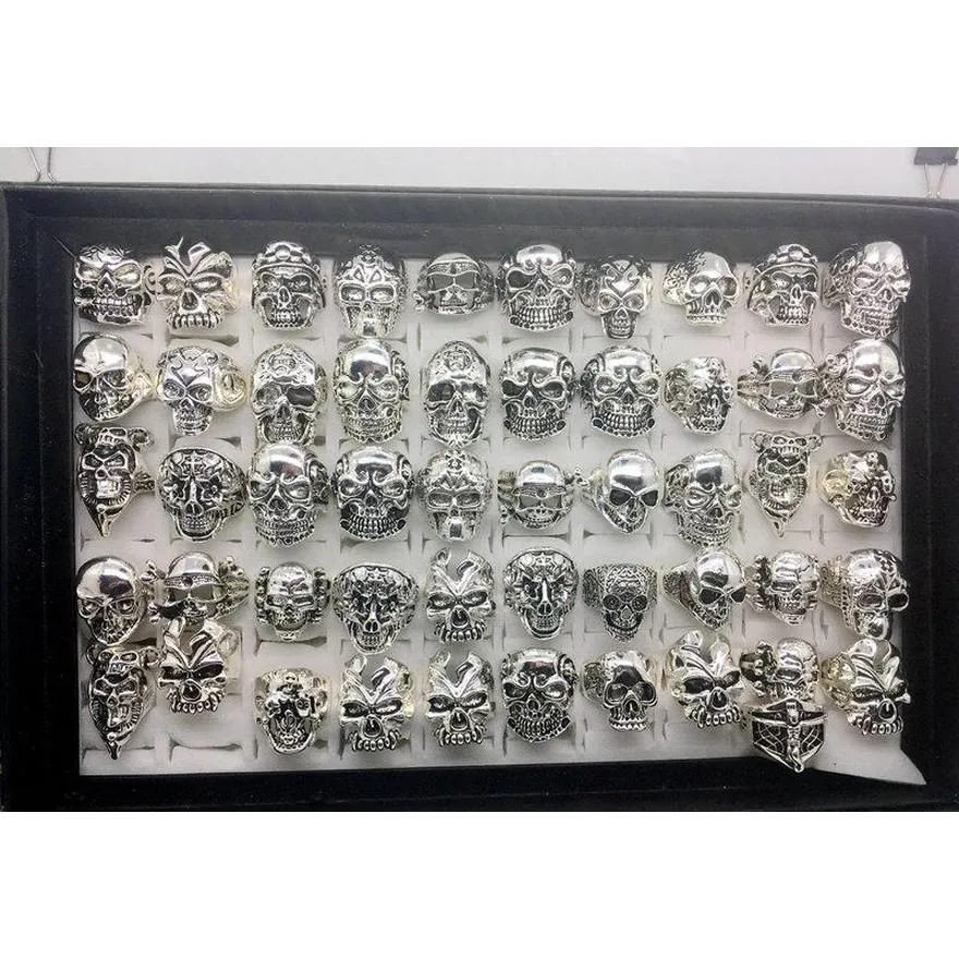 Wholesale 50pcs/lot Gothic Big Skull Ring Bohemian Punk Vintage Antique Silver Mix Style Mens Fashion Jewelry S wmtYJZ luckyhat