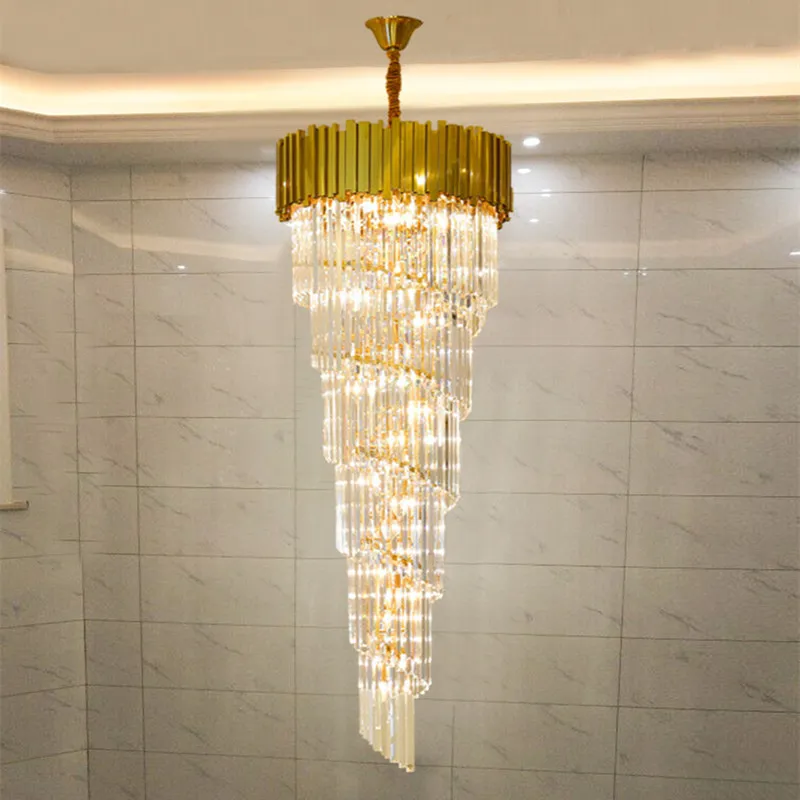 Lustre en cristal moderne pour staicase longue villa luminaire suspendu grand décor à la maison or en acier inoxydable led lampe en cristal