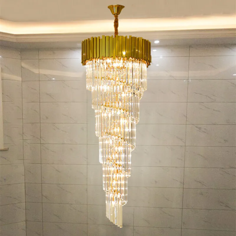 Moderne kristallen kroonluchter voor staicase lange villa opknoping licht armatuur grote home decor gouden roestvrijstalen led cristal lamp