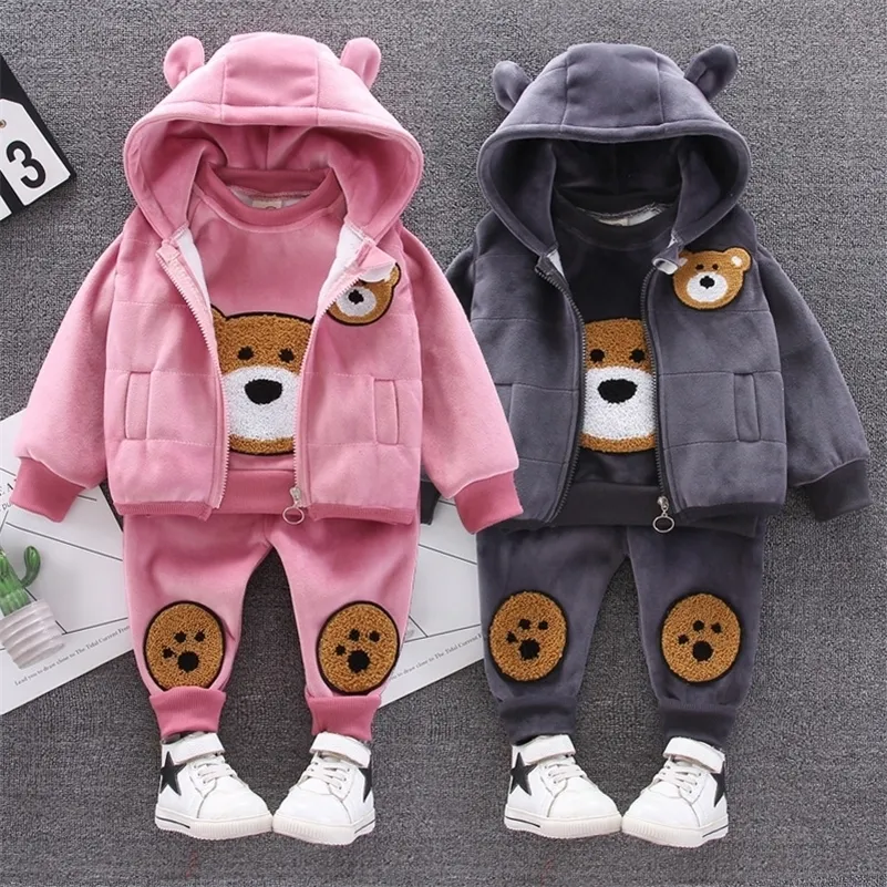 Roupa de bebê inverno grosso terno quente cartoon urso com capuz camisola bebê menino bebê menina fleece crianças ouro veludo three-peça terno lj201023