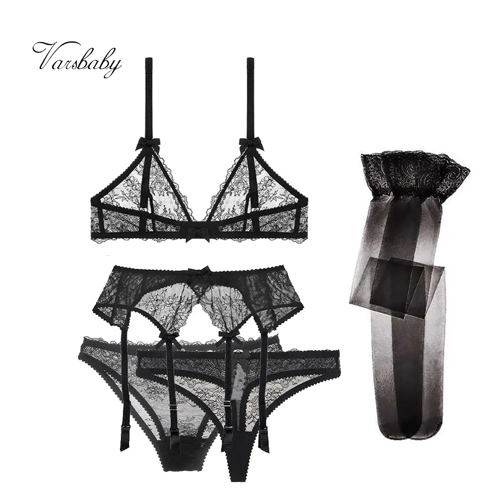 Varsbaby Sexy Lace Fio Livre Lingerie Lingerie Set Bra + Calcinha + Tangas + Garter + Meias 5 PCS LJ201031