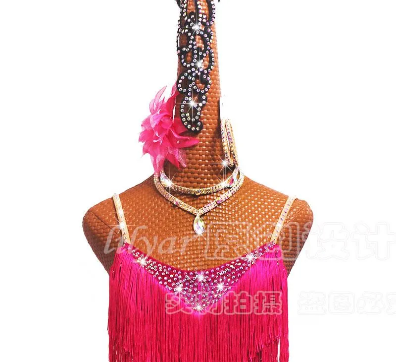 Strass Brilhante Vestidos de Dança Latina Feminino Sexy Sem Encosto Salsa Franja Saia Borla Vestido de Palco Salão de Baile Roupas de Competição298H