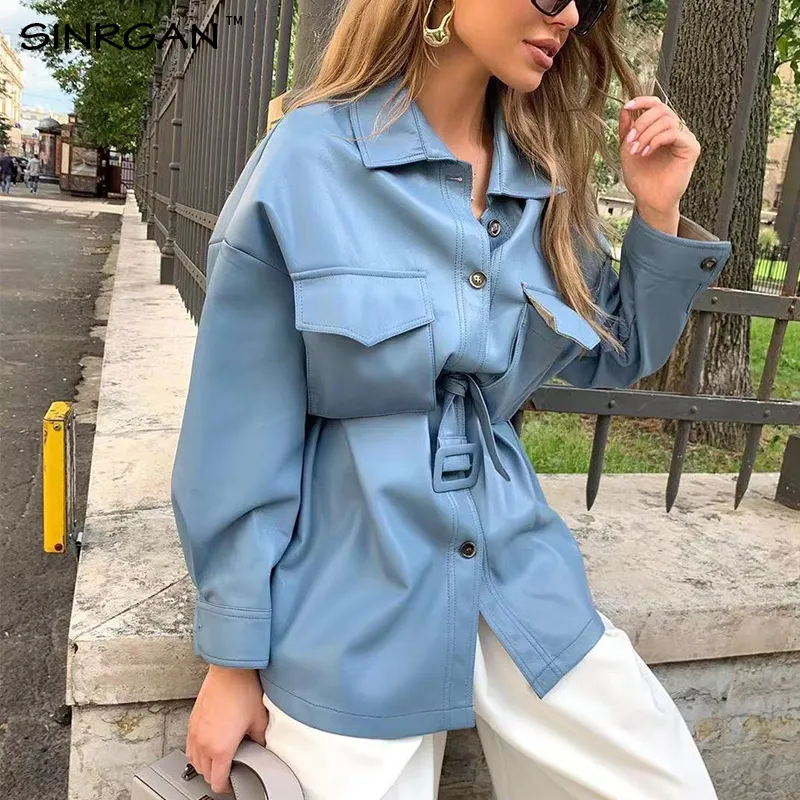 princess polly baby blue dress NANKEY Oversized Blue PU Short Shirt Dress for Women with Belt - Single Streetwear for Women