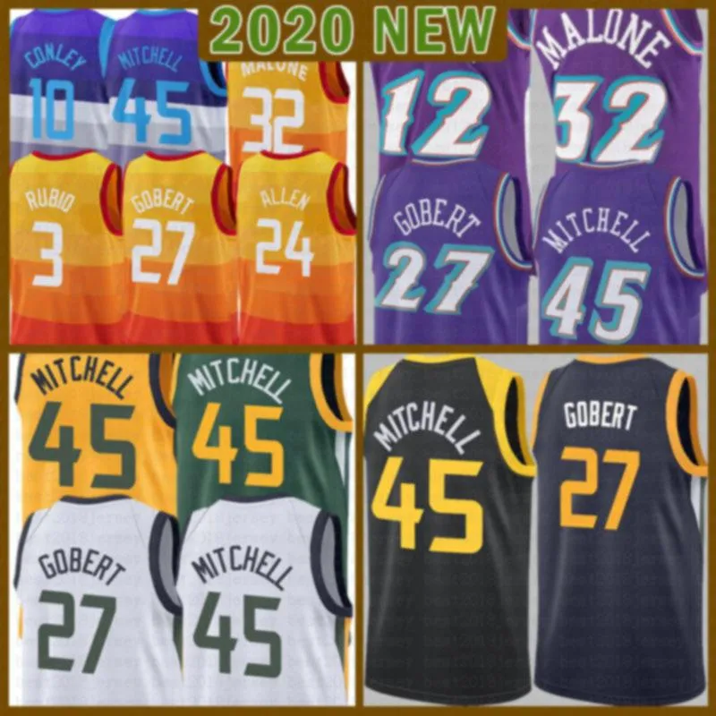 2021 New Donovan 45 Mitchell Basquete Jersey Rudy 27 Gobert Mens John 12 Stockton Malha Retro Karl 32 Malone Juventude Kids 0 Conley Multi