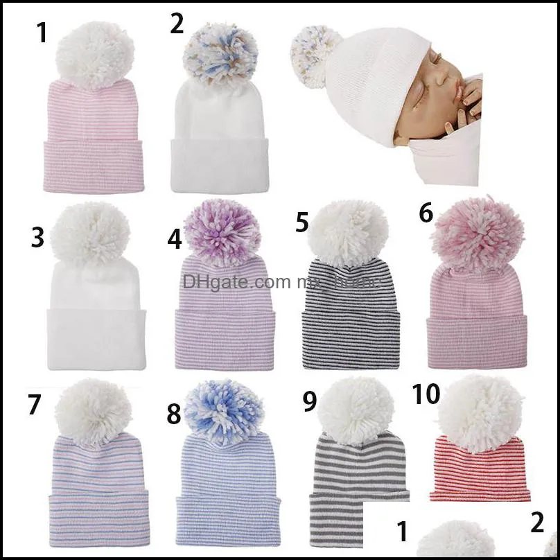 10 Styles Double Thickening Newborn Striped Hats for Winter Cotton Warm Crochet Cap Infant Fur Ball Hat Baby Knit Caps C2101