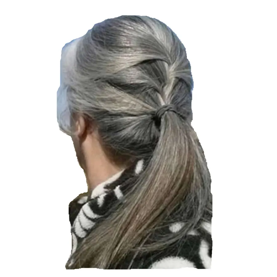 Silver Grå Hår Ponytail Förlängning Silver Grå Avro Bulle Eller Puff Sliky Straight Drawstring Human Hair Ponytails Clip In Real Hair Gray Färg