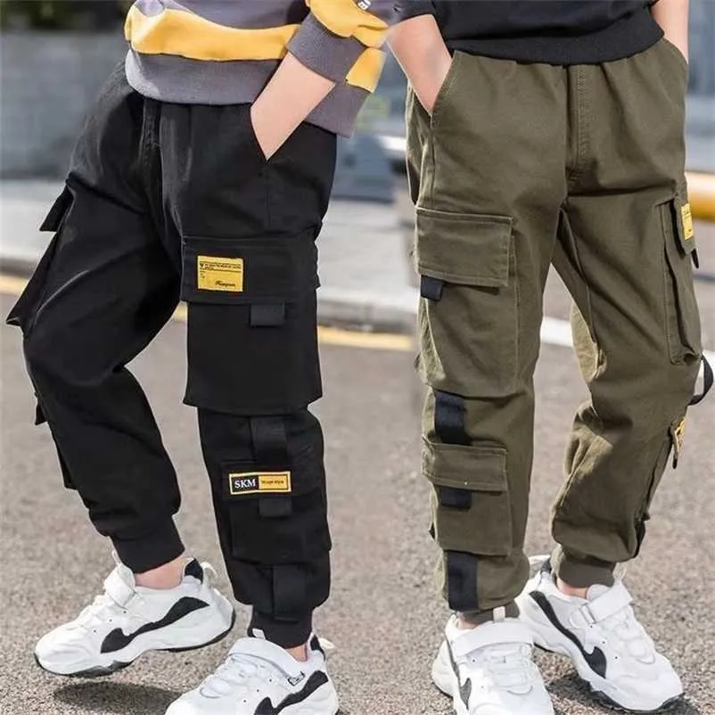 Varin Boys Byxor Solid Last Teenage Boy Multi-Pocket Brousers Kids Vår Höst Casual Streetwear 211231