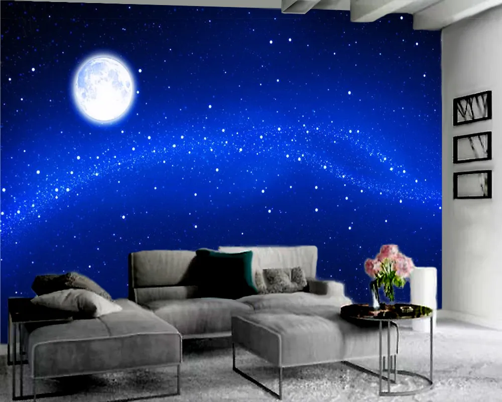 Papel tapiz de paisaje 3d Hermoso cielo estrellado Papel tapiz 3d Paisaje romántico Seda decorativa Papel tapiz 3d