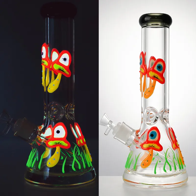 Bong in vetro Straight Perc Mushroom Pattern Oil Dab Rigs Glow in The Dark Beaker Bong 18mm Female Joint Narghilè con ciotola Tubi d'acqua downstem diffusi