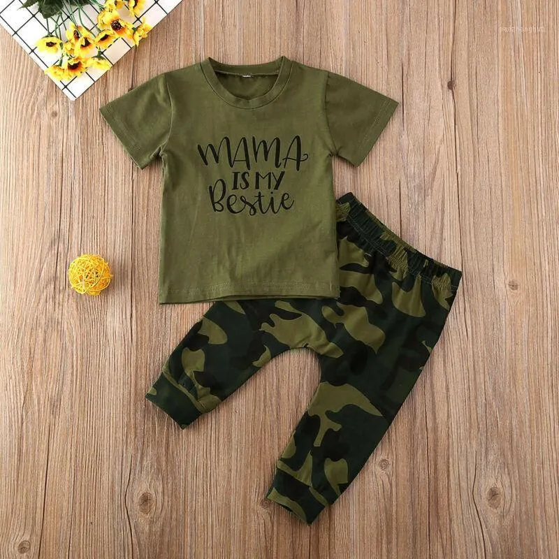 Peuter jongen kleding 2020 pasgeboren peuter baby kinderen baby boy kleding brief t-shirt tops + camouflagebroek 2 stks outfits set1