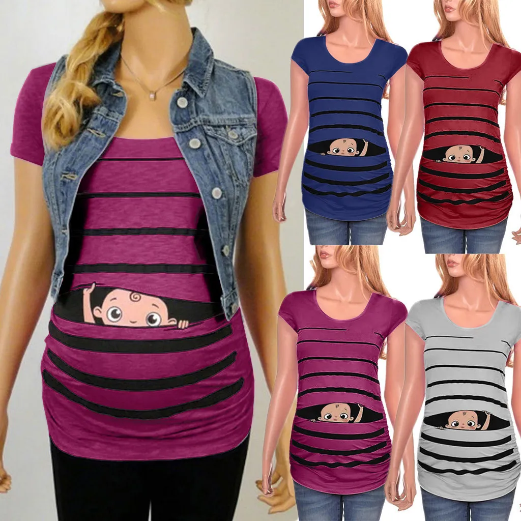 MUQGEW Maternity Clothes T-shirts For Women Maternity Cute Funny Baby Print Striped Short Sleeve T-shirt Pregnant Tops Premama LJ201118