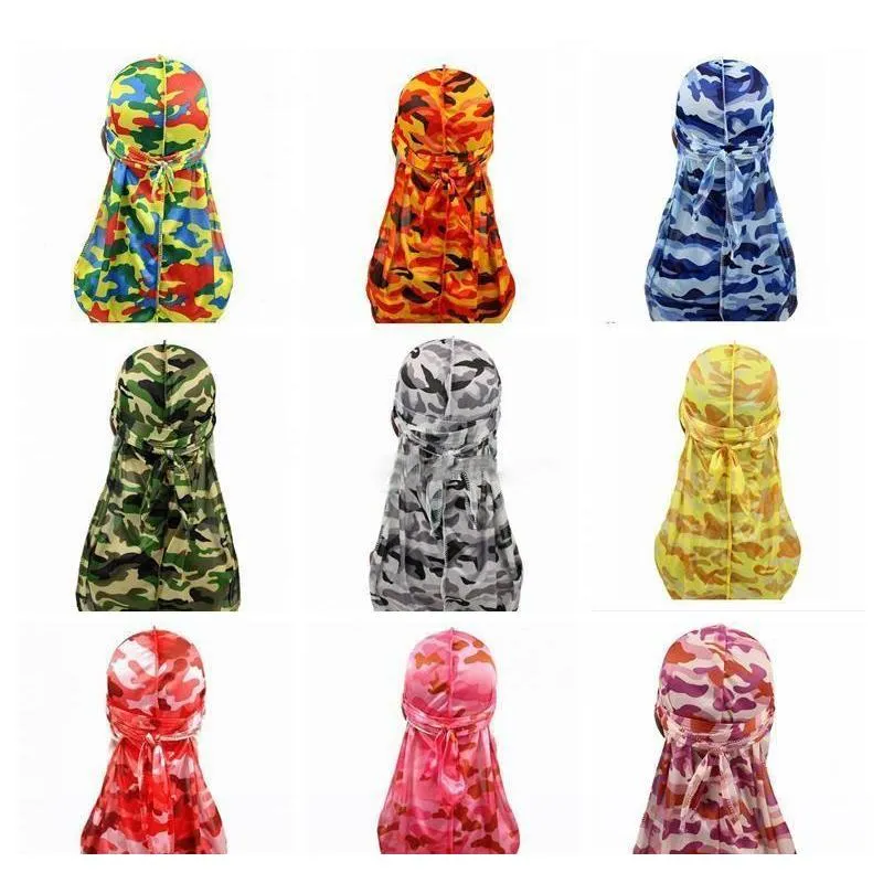 Miltary Camuflagem Seda Durag Quente Novo Premium Premium 360 Ondas Long Tail Silky Durags Hiphop Caps para homens e mulheres de alta qualidade 86rol