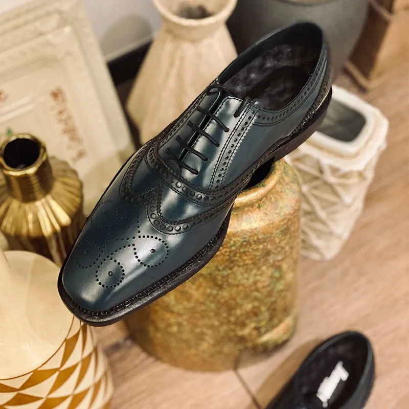 2022 zapatos Brogue verdes hechos a mano con punta cuadrada cubiertos de cuero de grano completo zapatos de vestir para caballeros Oxfords para hombres