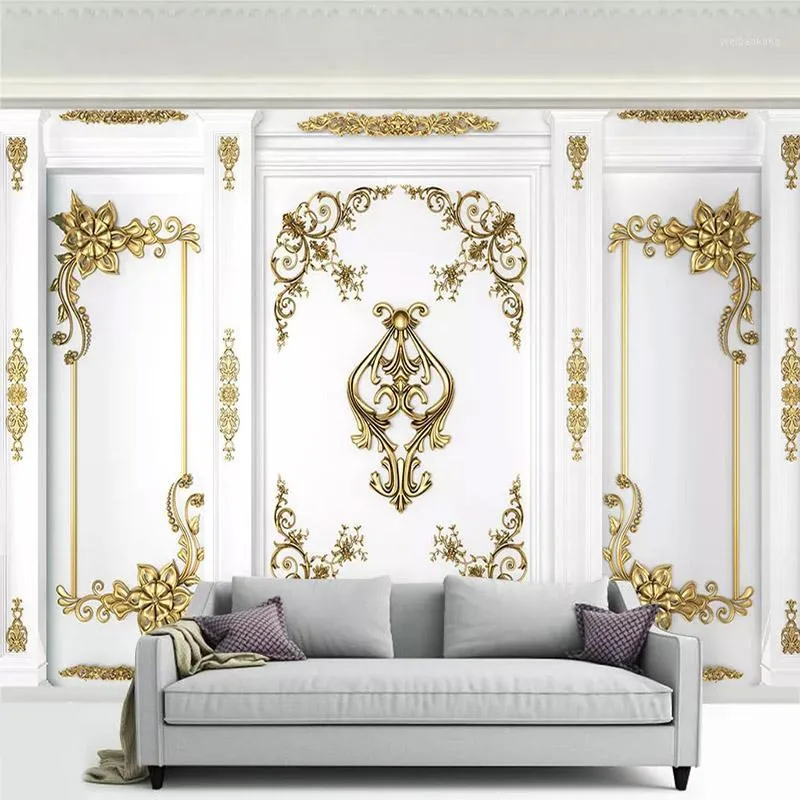 ヨーロッパスタイルの壁画白い壁紙3Dステレオゴールデンカーブパターンウォールペインティングリビングルームテレビソファソファホームデコレー