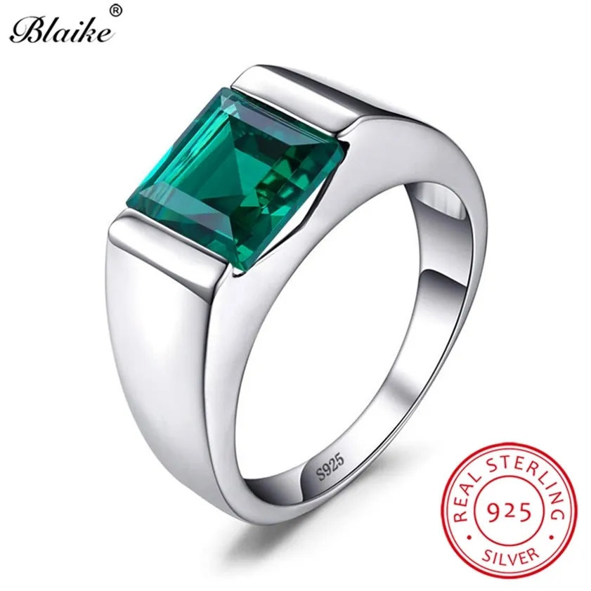 Blaike 100% real 925 sterling zilveren ringen voor mannen vrouwen vierkante groene smaragdgroene blauwe saffier geboortesteen trouwring fijne sieraden 220216