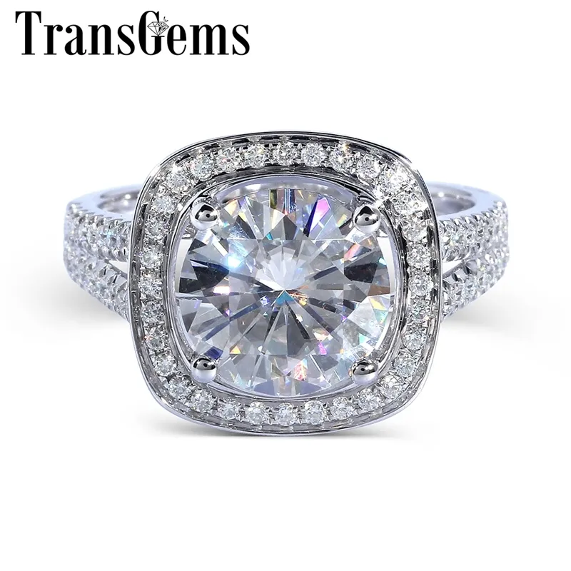 TransGems Luxury 14K 585 White Gold Center 3ct Carat F Color Moissanite Halo Engagement Ring for Women Wedding with Accents Y200620
