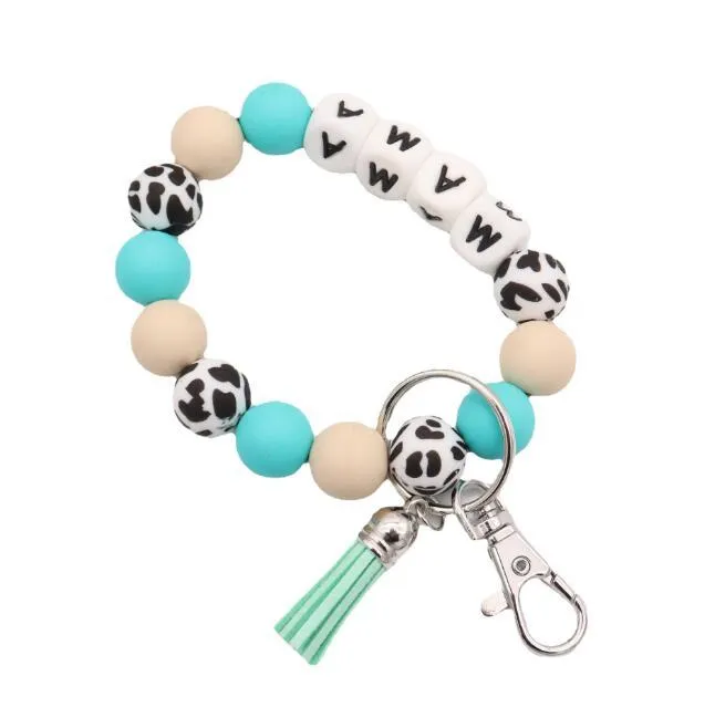 Party Favor MAMA Silicone Beads Bracelets Keyring Alloy Food Grade Wristbands Beech Tassel Keys Chain Pendant Leather Pendant Bracelet Jewelry de142