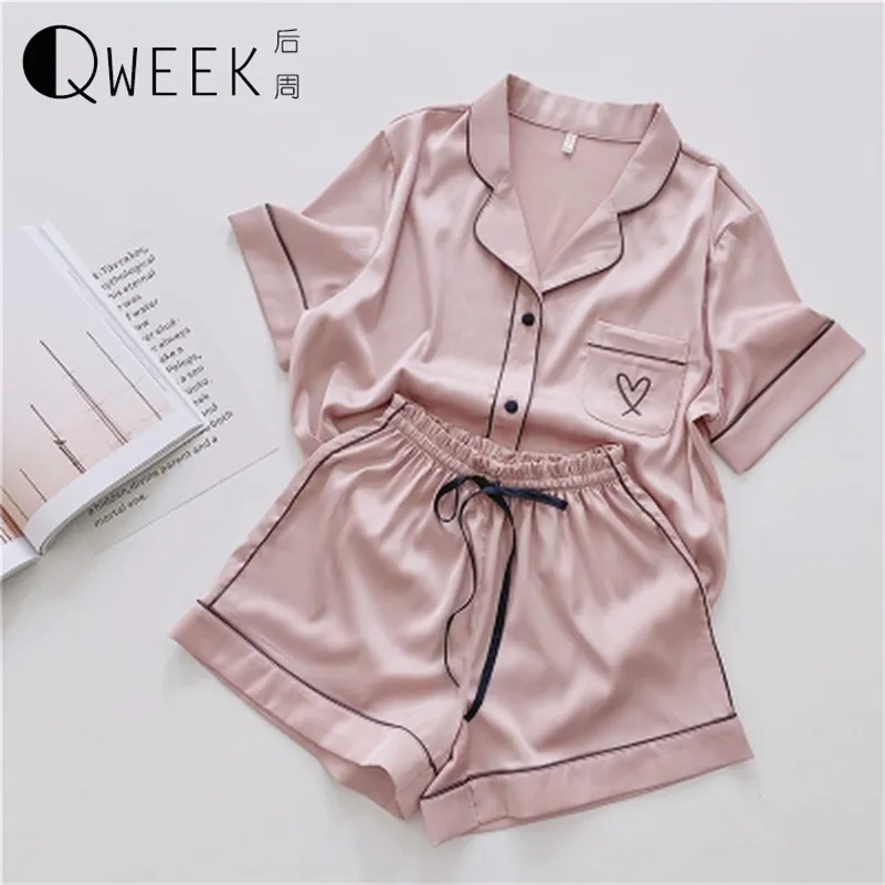 Qweek Silk Pajamas for女性の半袖ホームウェアパジャマハート刺繍ピジャマスプリーウェアサテンPJセット2020 Loungewear Y200708