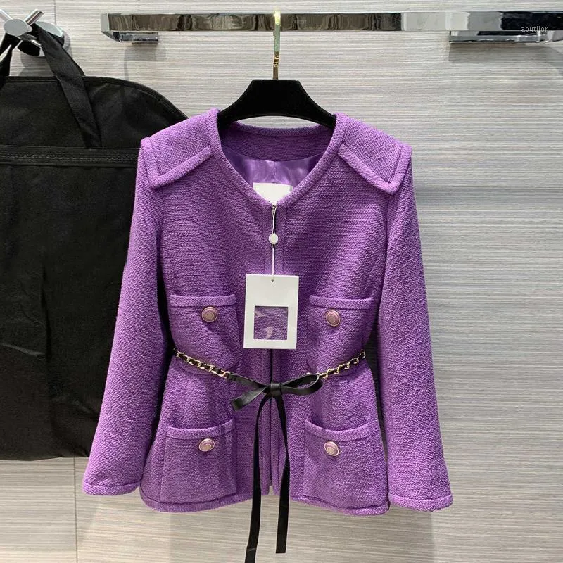 Kvinnorsullblandningar 2021 Lyxig High-End Retro Purple Jacka Kvinnor O-Neck Fickkedjor Dekoration Eleganta Dam Tweed Coat Jackor Print