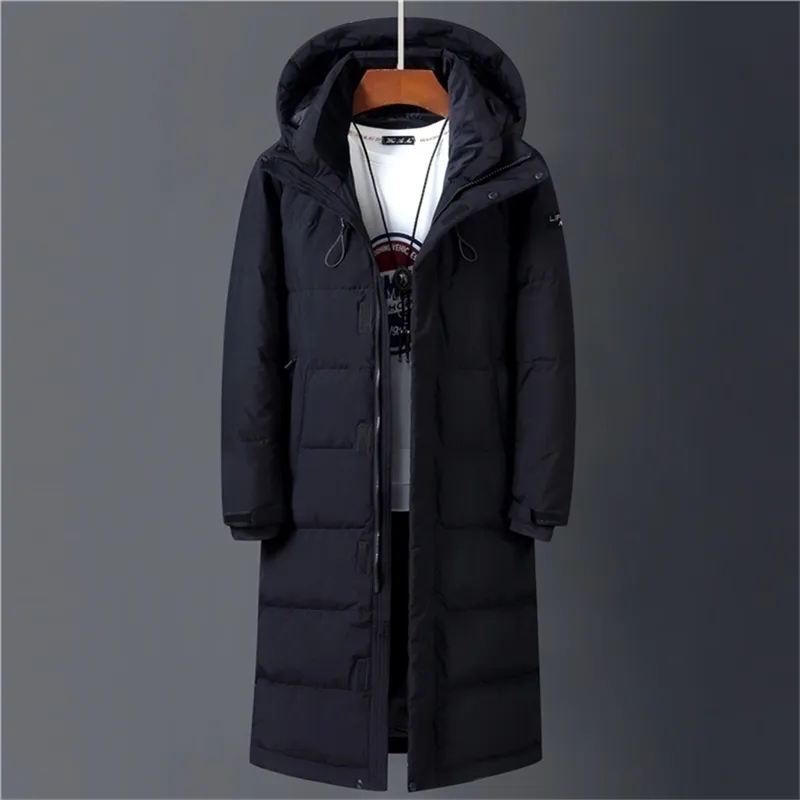 Inverno 90% piumino d'anatra bianco uomo con cappuccio moda alta qualità lungo addensare caldo piumino cappotto nero allentato parka 201114