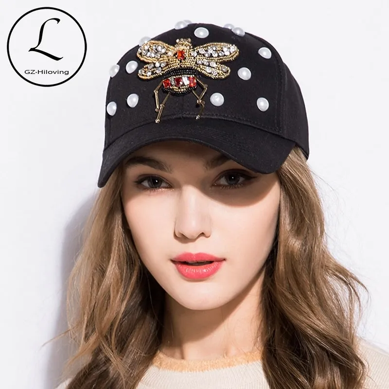 GZHILOVINGL Yaz Serin Rhinestone Bees Beyzbol Şapkası Snapback Hiphop Kapaklar Kadınlar Siyah Şapka İnciler Yıkanmış Pamuk Ayarlanabilir Spor Y200714