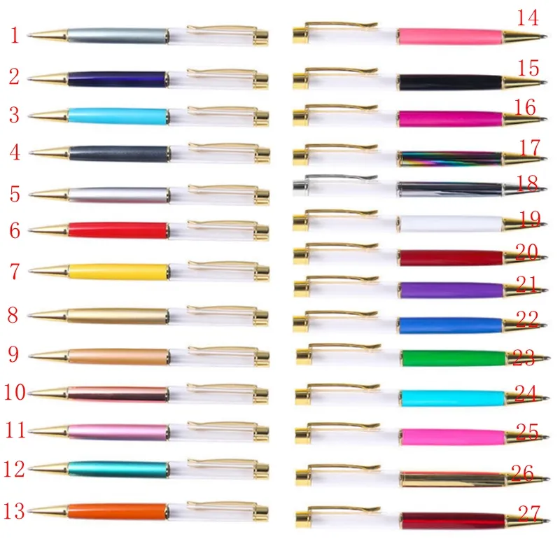 En gros 27 Couleurs DIY Tube Vide Stylos À Bille Stylo En Métal Auto-remplissant Flottant Paillettes Fleur Séchée Cristal Stylo Étudiant Écriture Cadeau Faveurs