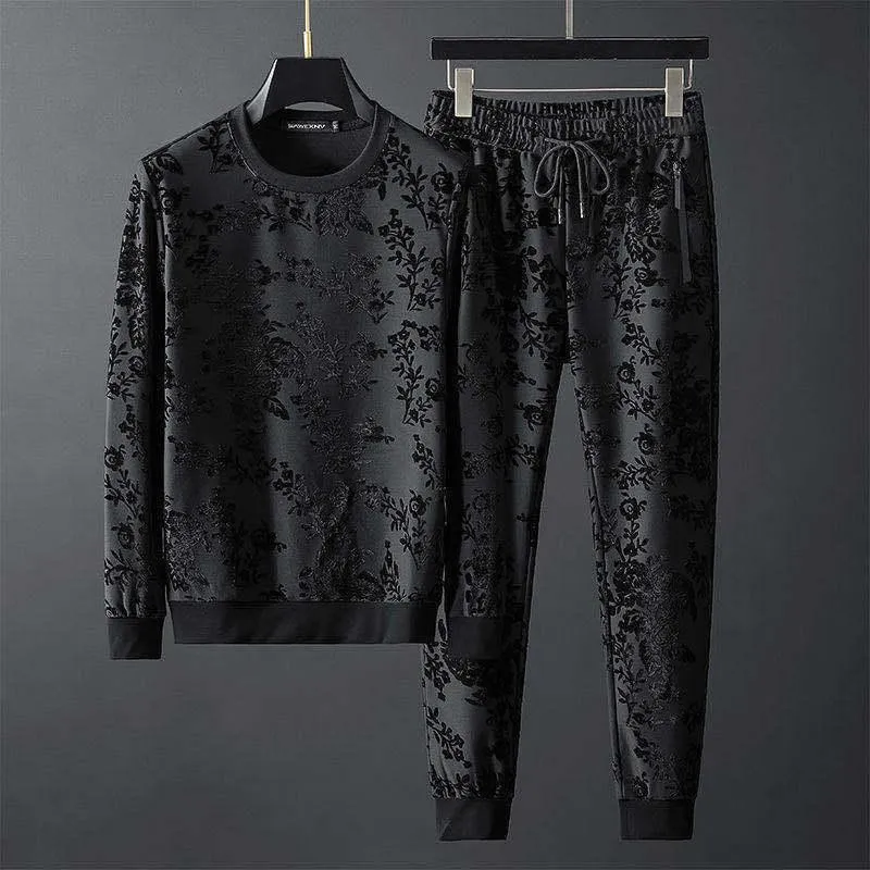 2020 Autumn European Goods New Personalized Simple Jacquard Round Neck Long Sleeve Sweater Trousers Two-piece Men's Suit Tide