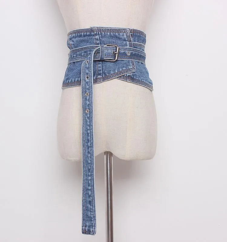 Belts Women's Runway Fashion Blue Denim Cummerbunds Female Dress Corsets Waistband Decoration Wide Belt TB1510