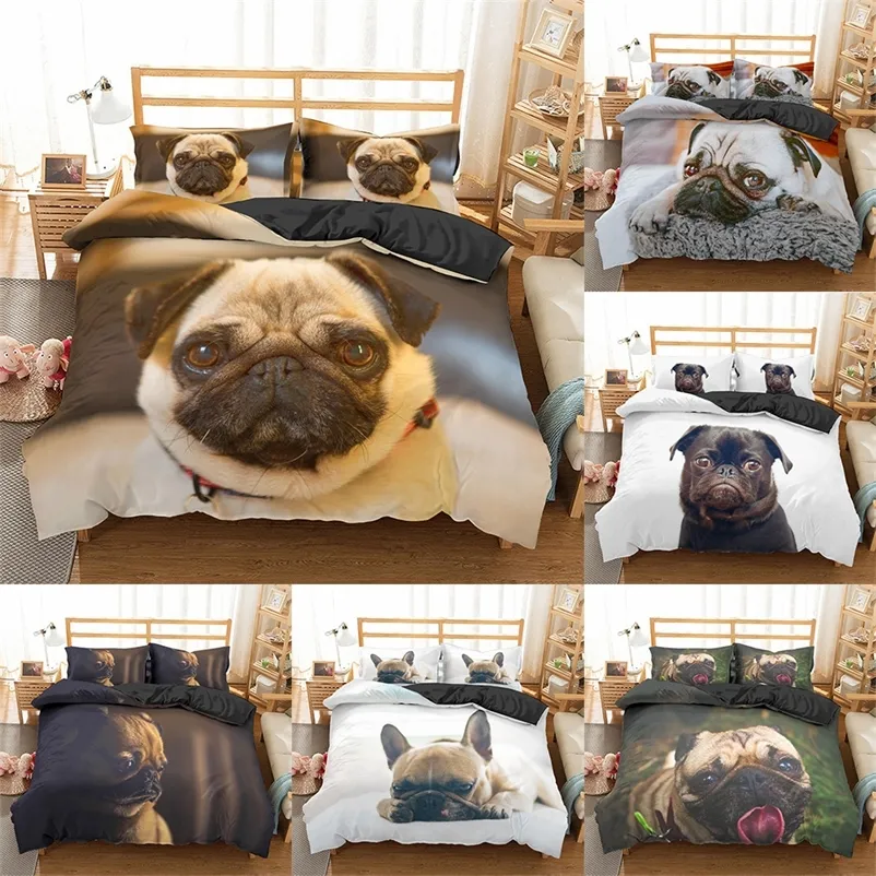 Homesky 3D Pug Dog Bedding Set Cute Animal Duvet Cover Queen King Size Pug Dog Bedding Set Child Adults Quilt Cover Bed linen 201021