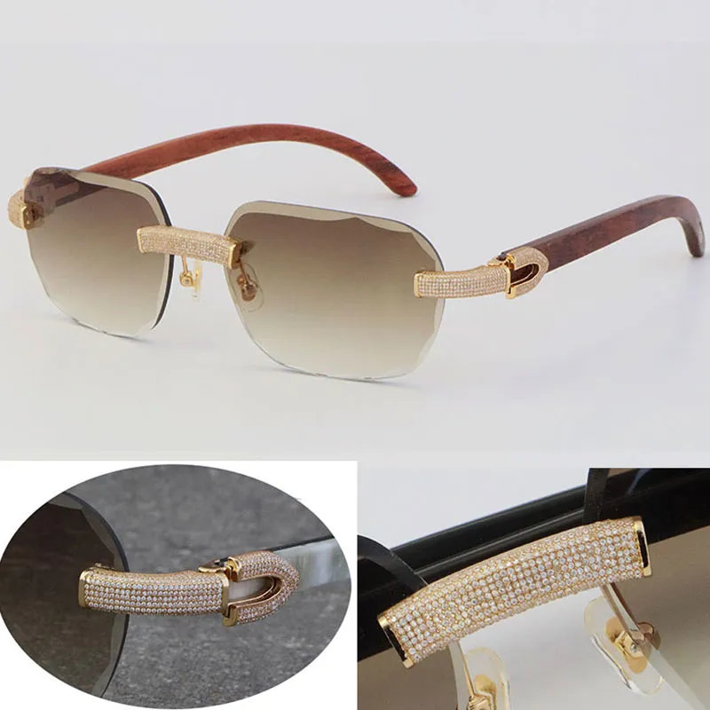 2022 Ny Begränsad upplaga Modell Micro-Paved Diamond Solglasögon Original Wood Rimless Solglasögon 18K Guld C Dekoration Man Kvinna Lyxstenar Glasögon Trä Hot