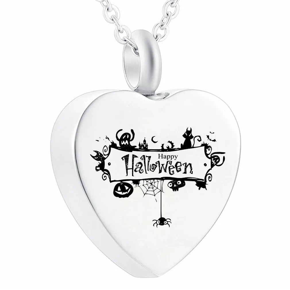 Edelstahl-Herz-Halskette mit Anhänger für Asche, Urne, Silber, mit Füllset, Samtbeutel – Fröhliches Halloween