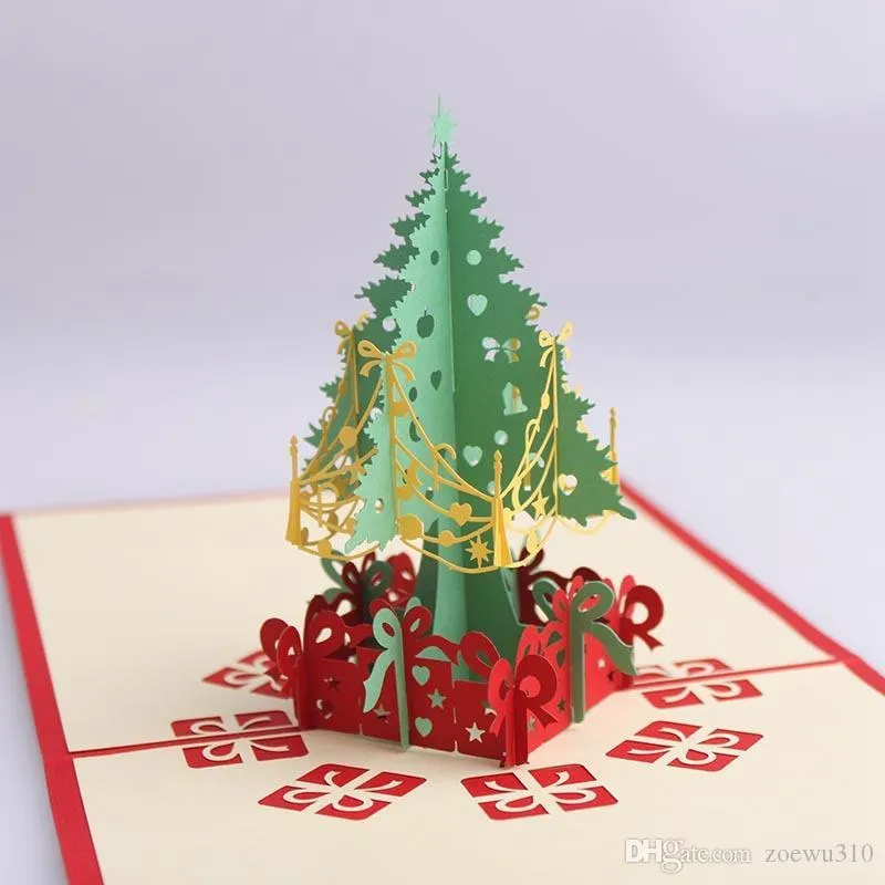 Regalo de papel de Navidad Tarjetas de felicitación estéreo 3D Árbol de Navidad Bendición de cumpleaños Hecho a mano Feliz año nuevo Saludo Tarjeta de bendición comercial WDH0100