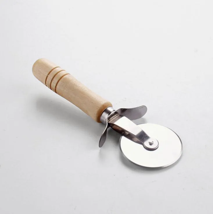 Round Pizza Cutter Knife Stainless Wood Handle Steel Pastry Nonstick Pizza Cutter Wheel Slicer Blade Grip SN2052