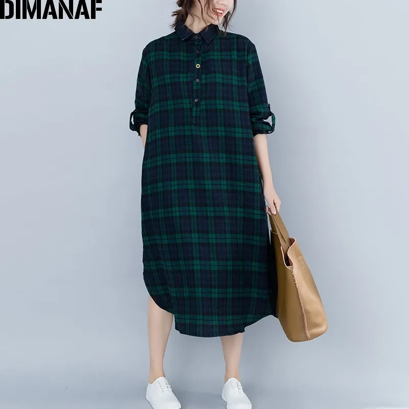 DIMANAF Abiti da donna a maniche lunghe in cotone Vintage Abbigliamento femminile Taglie grandi Vestidos Abito da donna scozzese con stampa allentata Autunno T200320