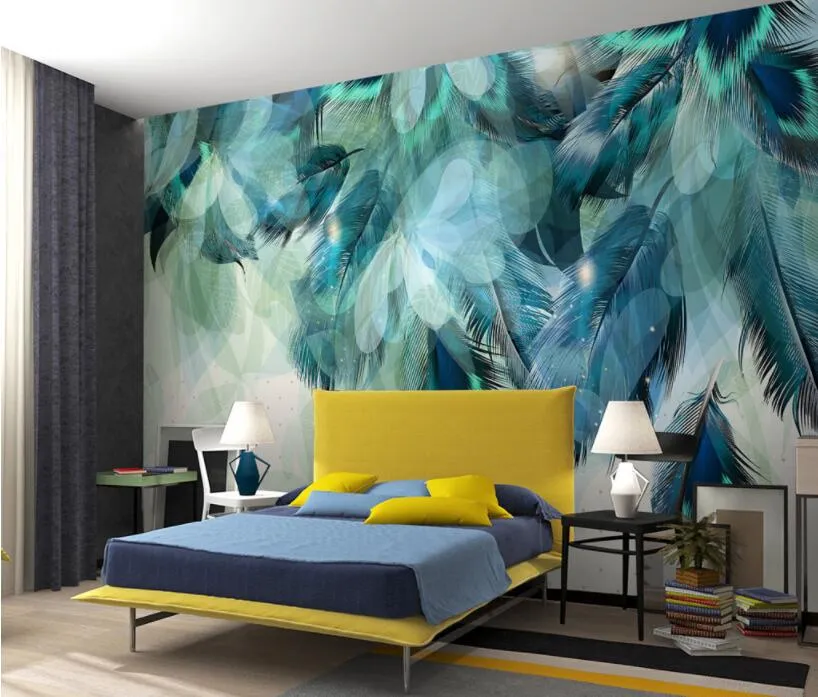 Customized living style wallpaper 3d wallpaper fashion retro modern blue feather home decoration mural papier peint