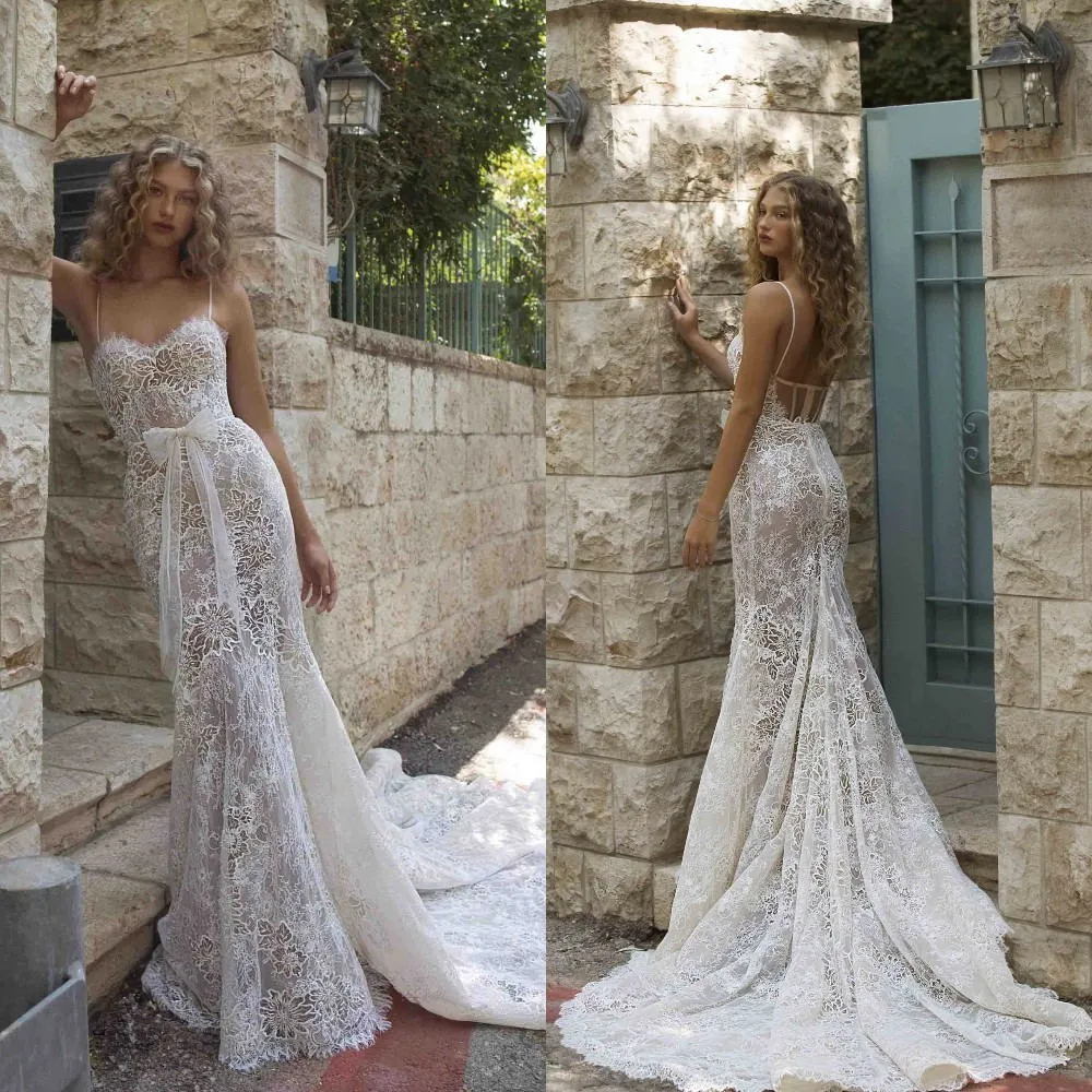 Berta 2021 Wedding Dresses Sexy Spaghetti Straps Lace Appliques Mermaid Bridal Gowns Custom Made Backless Sweep Train Wedding Dress