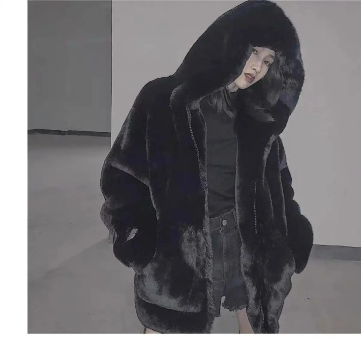 Korean Faux Rabbit Fur Jacket Womens Casual Fluffy Hoodie
