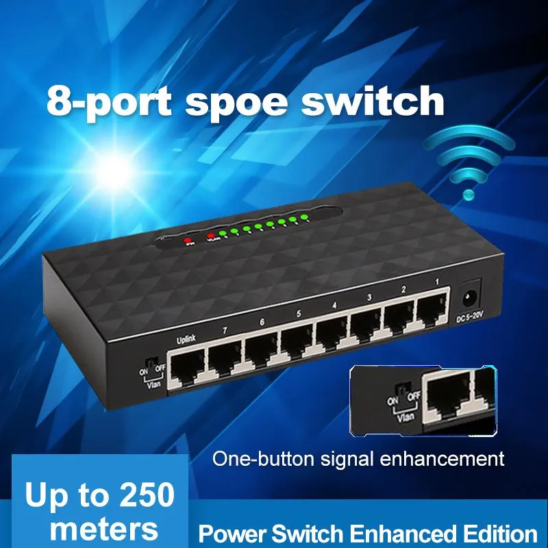 Netzwerk-Switches, 250 m, SPOE-Switch, Ethernet mit 8 10/100 Mbit/s-Ports, 6 PoE-Splitter, geeignet für IP-Kamera/Wireless AP/CCTV-Kamerasystem