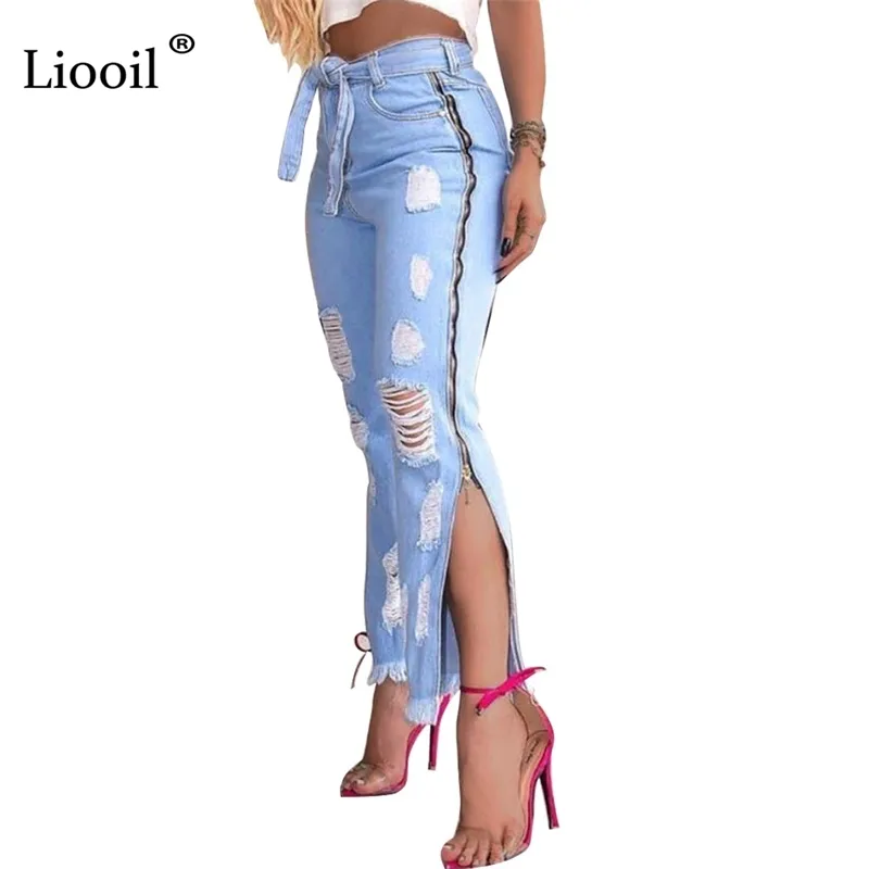 Liooil Bleu Zip Up Ripped Jeans avec trous Poches taille haute Ceinture Jean Pantalons pour femmes Wash Distressed Sexy Slit Denim Pants 201029