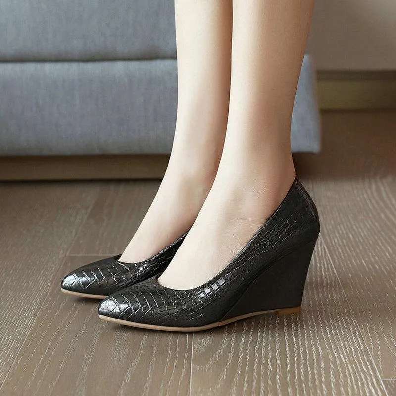 Dress Shoes 2021 Women Pumps PU Leather High Heels Pointed Toe Wedges Wedding Slip On Lazy Big Size 34-43