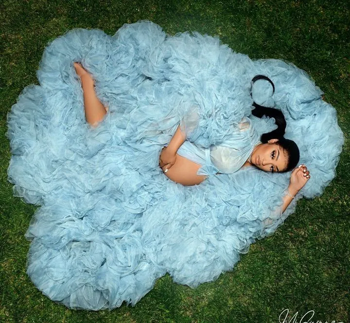 blue fluffy maternity dress Blue Robe For Photoshoot Maternity, Maxi Tulle Boudoir For Woman, Transparent Dress With Train, Ruffled Sleeve, Pregnancy Baby Shower Gown